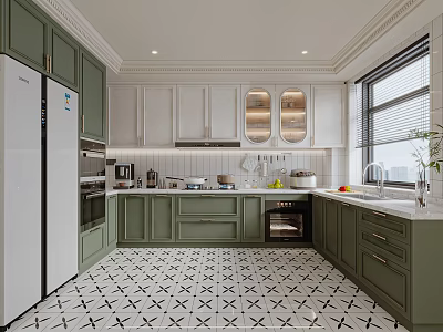 Modern Green And White Kitchen Interior With Geometric Floor Tiles And Appliances 3d model