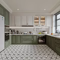 Modern Green And White Kitchen Interior With Geometric Floor Tiles And Appliances
