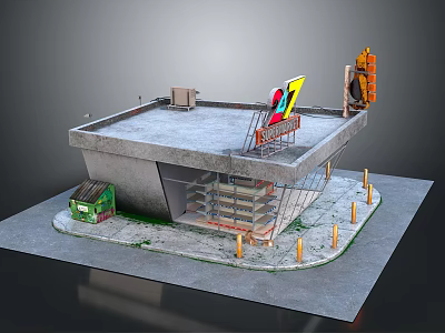 Cartoon Construction Site Scene With Scaffolding Stairs Traffic Light And Green Box 3d model
