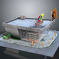 Cartoon Construction Site Scene With Scaffolding Stairs Traffic Light And Green Box