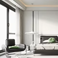 Minimalist Modern Bedroom Interior with Bed Green Haired Cartoon Art Window Curtains and White Wardrobe