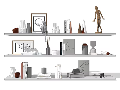 Modern Decorative Ornaments Set With Frames Sculptures Books Vases Candle Holders And Glasses On Shelves 3d model