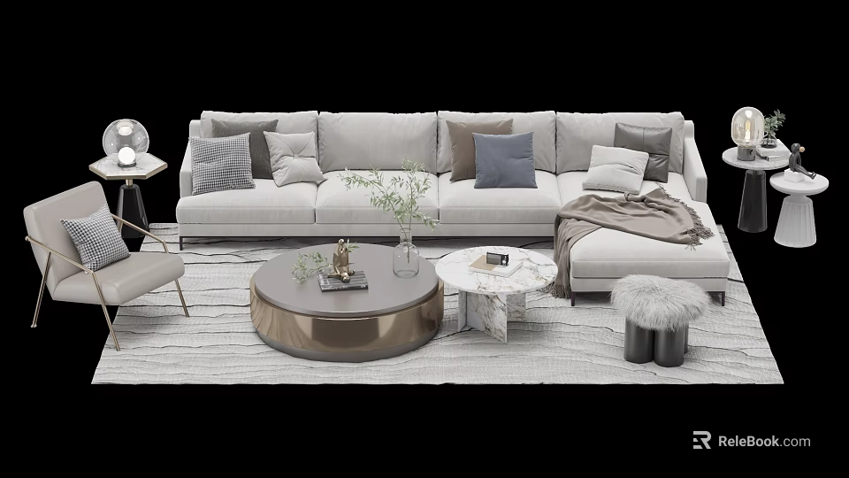 Modern Sofa and Coffee Table Combination With Plush Pillows Marble Table and Decorative Plants 3d model