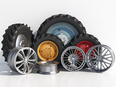 Assorted Tractor Tires and Multi Spoke Car Rims in Yellow Red Silver Metallic Colors 3d model