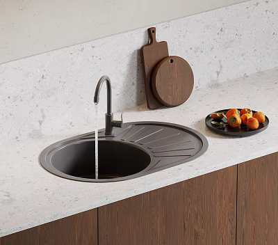 Modern Kitchen Sink With Faucet Wooden Cutting Boards And Fruit Plate On Countertop 3d model
