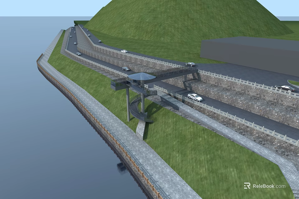 Bridge Over Water With Grass Slopes Road And Vehicles On Path Structure 3d model 
