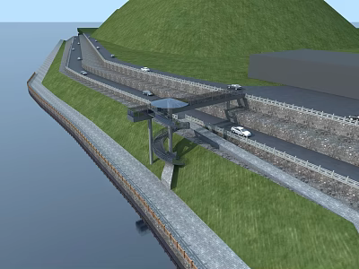 Bridge Over Water With Grass Slopes Road And Vehicles On Path Structure 3d model