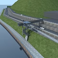 Bridge Over Water With Grass Slopes Road And Vehicles On Path Structure