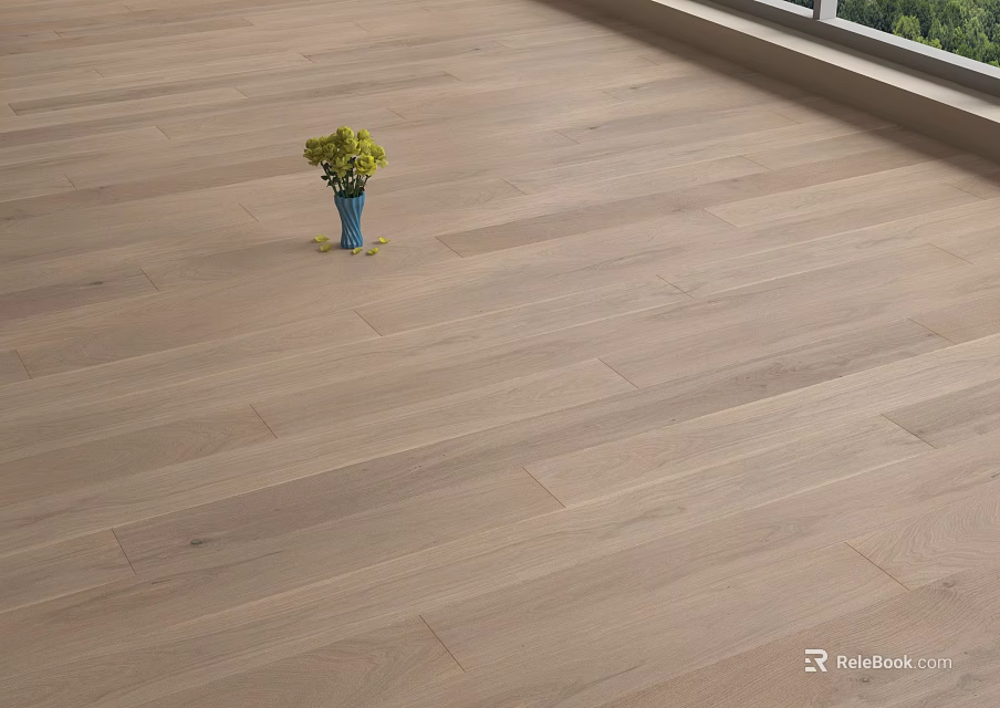 Wooden Floor With Blue Vase Holding Yellow Flowers Near Window And Green Scenery Outside 3d model 