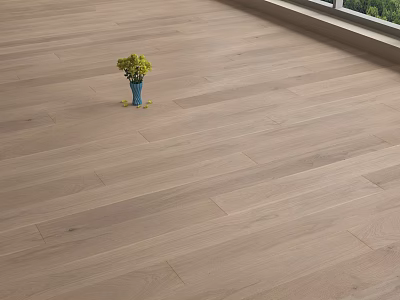 Wooden Floor With Blue Vase Holding Yellow Flowers Near Window And Green Scenery Outside 3d model