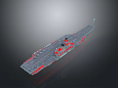 Aircraft Carrier Model With Gray Deck Red Accents And Fighter Jets 3d model