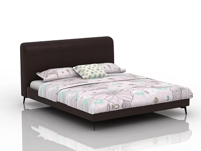 Modern Double Bed With Upholstered Dark Brown Headboard Floral Patterned Bedding And Decorative Pillows 3d model