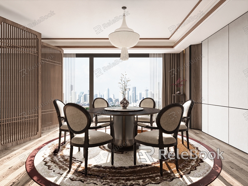 Restaurant Dining Table and Chair Chandelier Decorative Cabinet Hanging Picture Single Chair Round Carpet Round Dining Table model