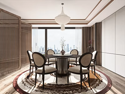 Restaurant Dining Table and Chair Chandelier Decorative Cabinet Hanging Picture Single Chair Round Carpet Round Dining Table 3d model
