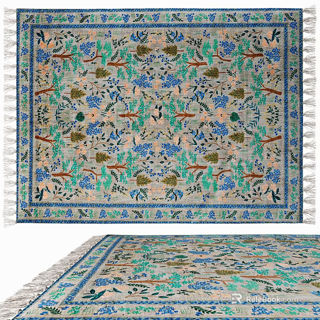 Colorful Floral Pattern Square Rug With Blue Green Brown Tones And Fringed Edges 3d model 