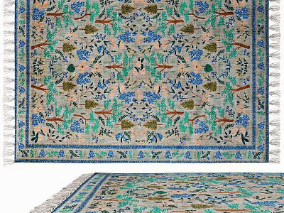 Colorful Floral Pattern Square Rug With Blue Green Brown Tones And Fringed Edges 3d model