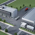 Industrial Factory Building With Road Parking Lot Truck And Trees