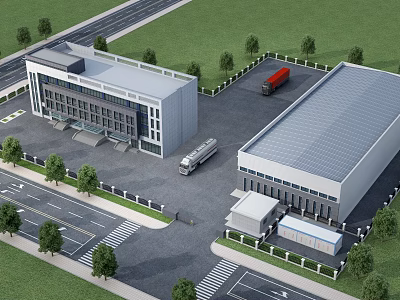 Industrial Factory Building With Road Parking Lot Truck And Trees 3d model