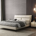 Modern Double Bed Featuring Beige Leather Headboard Gray Quilt Nightstand and Pendant Lights