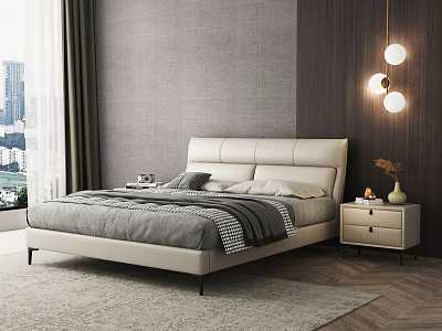 Modern Double Bed Featuring Beige Leather Headboard Gray Quilt Nightstand and Pendant Lights 3d model