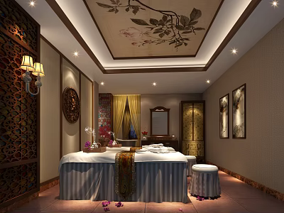 Elegant SPA Sauna Room Interior With Massage Bed Decorative Ceiling And Wall Art 3d model