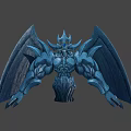 Blue Mythical Creature Character With Large Wings Muscular Body Horned Head And Glowing Eyes