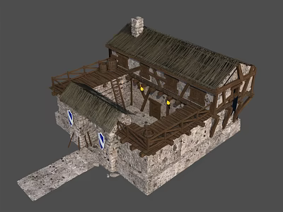 Ancient Traditional Architecture With Stone Walls Thatched Roof Wooden Balcony Decorative Lanterns And Blue Flags 3d model