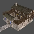 Ancient Traditional Architecture With Stone Walls Thatched Roof Wooden Balcony Decorative Lanterns And Blue Flags