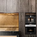 Sleek Dark Wooden Kitchen Cabinets With Golden Countertop And Built-in Appliances