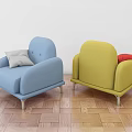 Modern Single Sofa in Blue and Yellow with Grey and Red Cushions on Wooden Floor