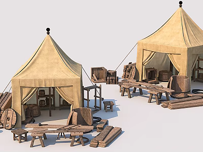 Two Tents With Wooden Furniture Tables Chairs And Barrels In Outdoor Scene 3d model