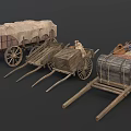 Vintage Wooden Carts With Canvas Cover And Loaded Goods On Wheels
