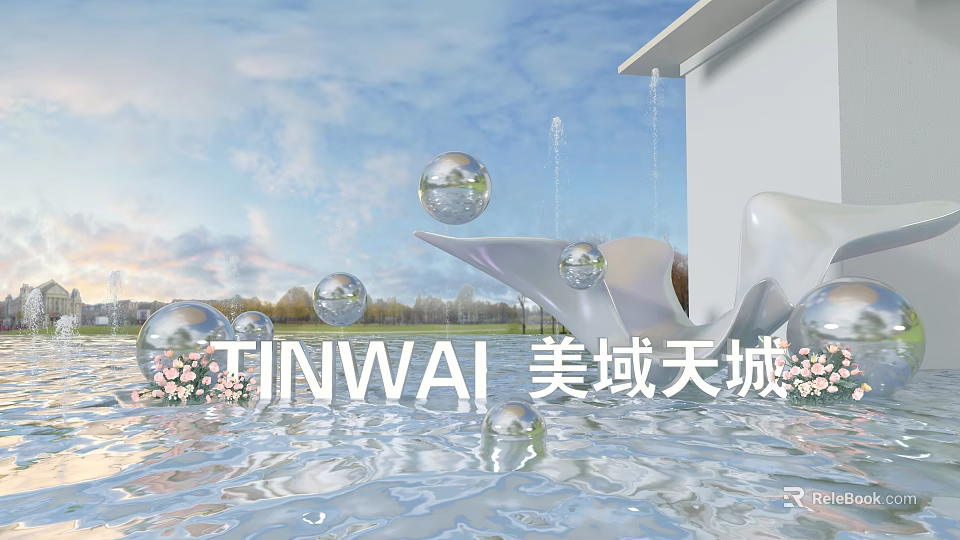 TINWAI Scenic View With Water Surface Transparent Spheres Fountain And Flowers 3d model 