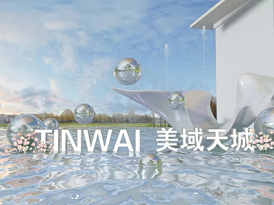 TINWAI Scenic View With Water Surface Transparent Spheres Fountain And Flowers 3d model