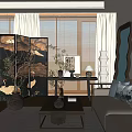 Traditional Chinese Sofa And Coffee Table Set Interior With Wooden Screen And Decorative Lamps
