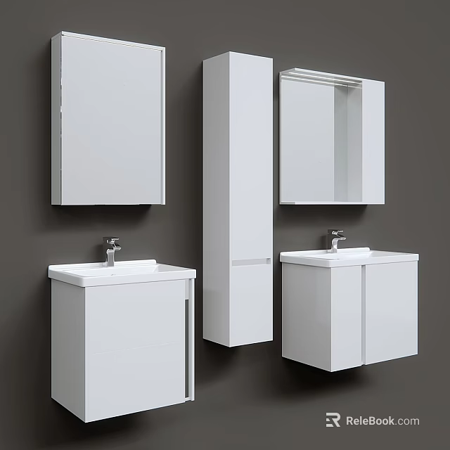 Modern White Bathroom Vanity With Wall Mounted Design Mirror And Storage Cabinets 3d model