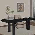 Modern Desk And Chair Set With Laptop Vase Green Plant Decorative Painting And Window View