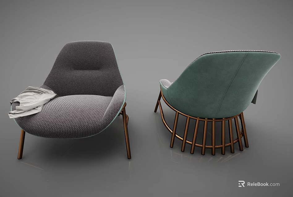 Gray And Teal Single Seater Sofa With Brass Metal Legs Throw Blanket And Modern Design 3d model 