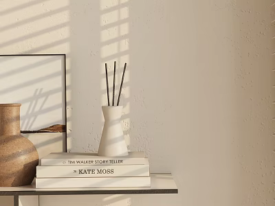 Minimalist Decorative Ornament Set with Reed Diffuser Vase and Books on Sunlit Shelf 3d model