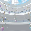 Pendant Decorations Featuring Soft Colored Spherical Orbs and Circular Rings in Atrium with Skylight 3d model