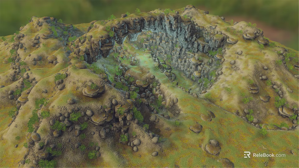 Natural Garden Landscape With Surrounding Rocks Green Vegetation And Small Stream In Depression 3d model 