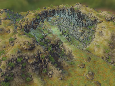 Natural Garden Landscape With Surrounding Rocks Green Vegetation And Small Stream In Depression 3d model
