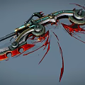 Intricate Mechanical Fantasy Weapon With Red Decorative Accents And Blood Effects