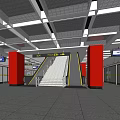 Subway Station Interior With Red Pillars Stairs Handrails Direction Signs And Screens