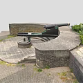 Historic Military Weapon Ancient Cannon on Circular Stone Platform With Stone Walls and Green Plants