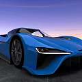 Blue Sports Car With Sleek Design On Concrete Ground Against Sunset Sky
