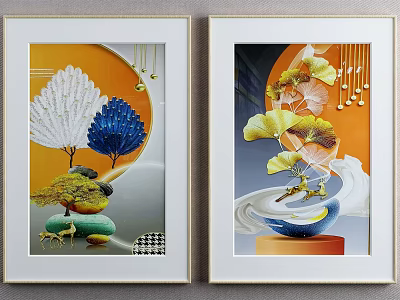 Modern Framed Decorative Wall Art With White Blue Yellow Leaves Stones And Deer 3d model