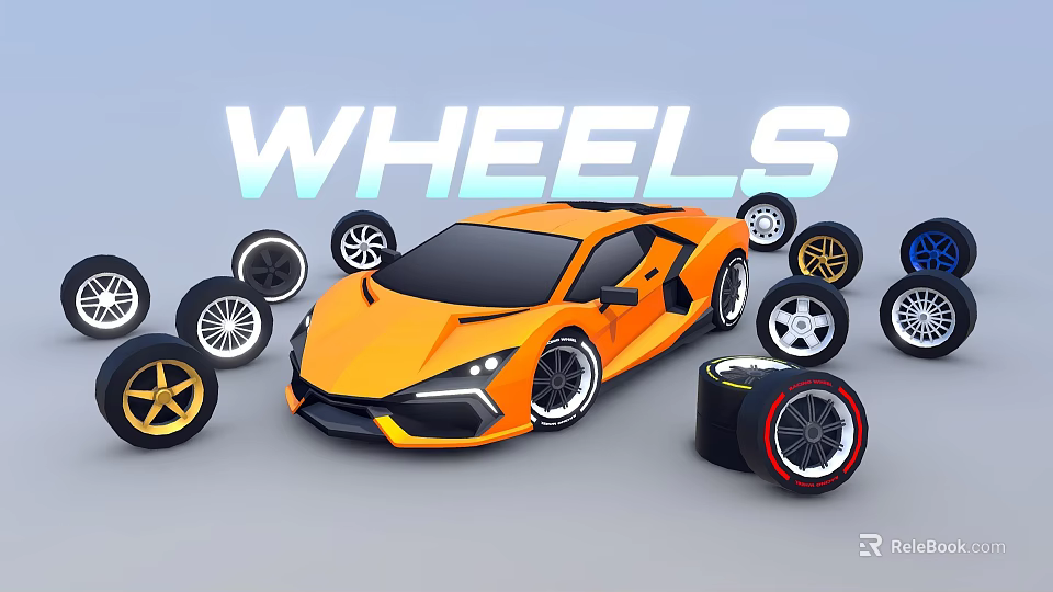 Orange Sports Car Surrounded by Various Stylish Wheels and Wheel 3d model 