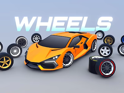 Orange Sports Car Surrounded by Various Stylish Wheels and Wheel 3d model