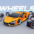 Orange Sports Car Surrounded by Various Stylish Wheels and Wheel